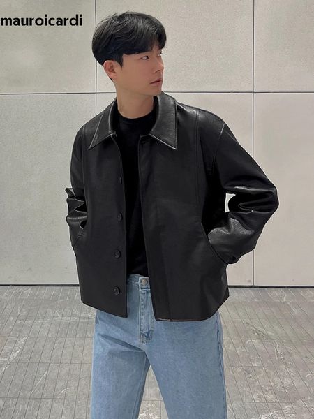men's jackets mauroicardi spring autumn cool short black pu leather jacket men long sleeve loose casual korean fashion 2023 230812, Black;brown
men's jackets mauroicardi spring autumn cool short black pu leather jacket men long sleeve loose casual korean fashion 2023 230812, Black;brown
