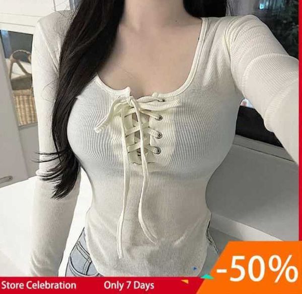 women t shirts beige korean fashion girls t-shirt long sleeves tied up slim waist u neck rib cotton elastic knitted 9907, White
women t shirts beige korean fashion girls t-shirt long sleeves tied up slim waist u neck rib cotton elastic knitted 9907, White