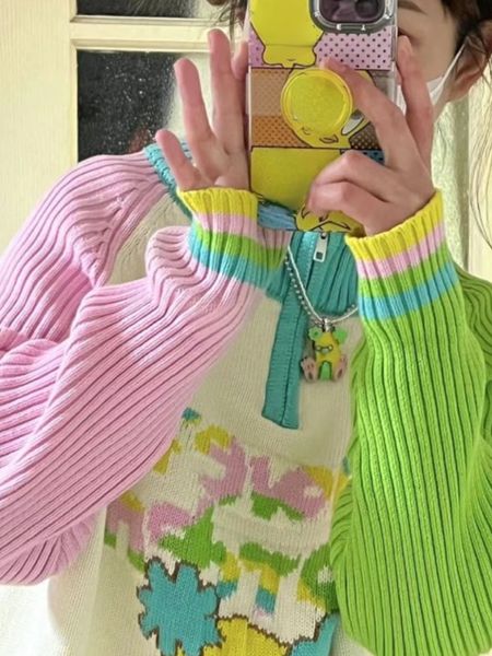 women's sweaters japanese women harajuku kawaii pullovers cartoon letter contrast patchwork sweater y2k knitted half turtleneck zipper, White;black
women's sweaters japanese women harajuku kawaii pullovers cartoon letter contrast patchwork sweater y2k knitted half turtleneck zipper, White;black