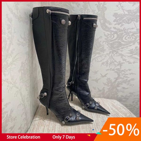 cagole lambskin leather knee-high boots stud buckle embellished side zip shoes pointed toe stiletto heel tall boot luxury designers shoe for, Black
cagole lambskin leather knee-high boots stud buckle embellished side zip shoes pointed toe stiletto heel tall boot luxury designers shoe for, Black