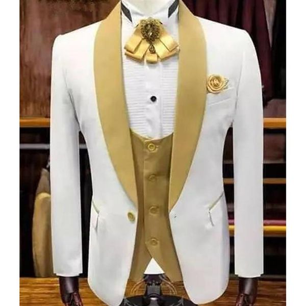 white wedding tuxedos for groom with gold shawl lapel 3 piece custom slim fit men suits set jacket vest pant man fashion clothes212l, White;black
white wedding tuxedos for groom with gold shawl lapel 3 piece custom slim fit men suits set jacket vest pant man fashion clothes212l, White;black