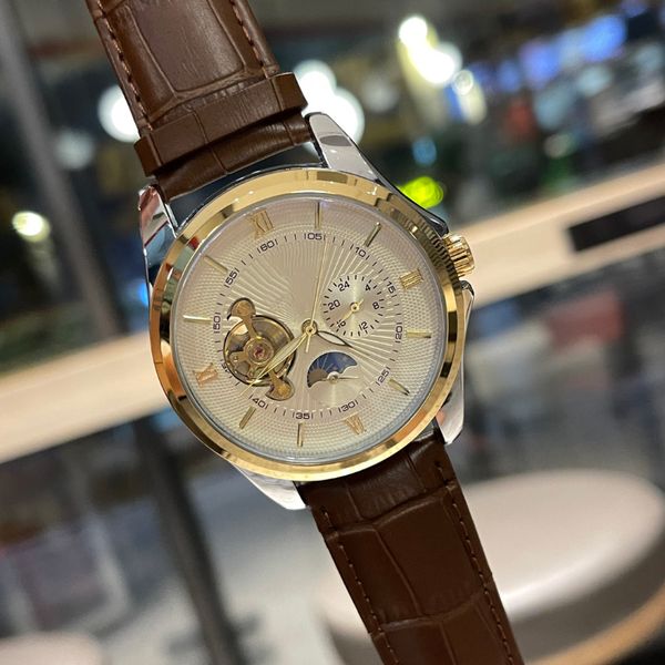 men's watch fashion mechanical movement automatic watch skin with date moon phase sports watch nine flywheel sun moon star watch with b, Slivery;brown
men's watch fashion mechanical movement automatic watch skin with date moon phase sports watch nine flywheel sun moon star watch with b, Slivery;brown