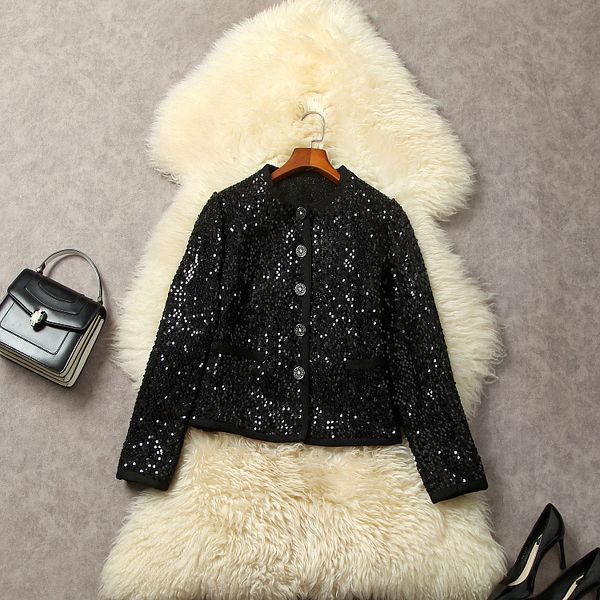 european and american women's clothing 2023 autumn new long sleeve crew neck single breasted heavy sequins fashion tweed jacket, Black
european and american women's clothing 2023 autumn new long sleeve crew neck single breasted heavy sequins fashion tweed jacket, Black