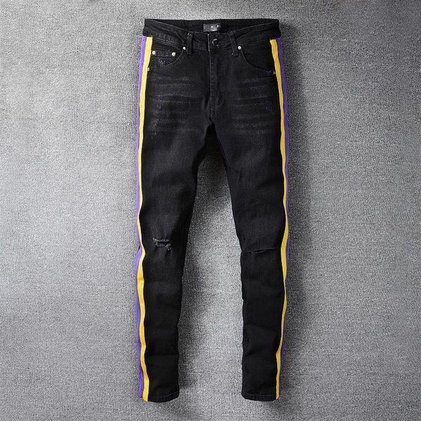 black slim ripped fashion brand jeans pants casual hip dance four season streetwear yellow purple striped men men's248v, Blue
black slim ripped fashion brand jeans pants casual hip dance four season streetwear yellow purple striped men men's248v, Blue