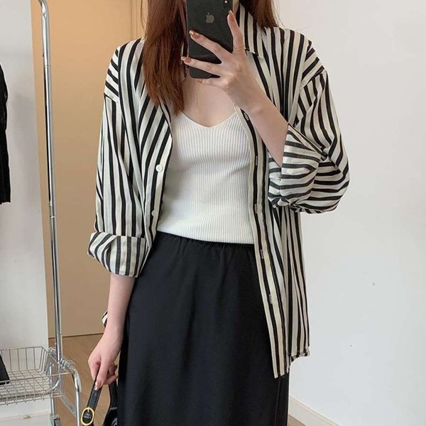 black striped shirt for women spring summer autumn korean design niche sunblock cardigan commutes, White
black striped shirt for women spring summer autumn korean design niche sunblock cardigan commutes, White