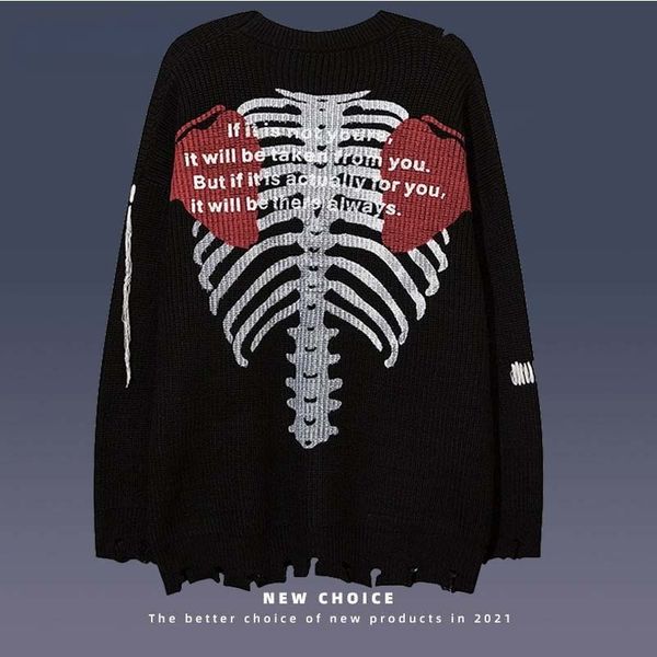 men's sweaters streetwear oversized sweater men vintage skeleton printed knitted harajuku hip hop loose ripped design pullovers 230811, White;black
men's sweaters streetwear oversized sweater men vintage skeleton printed knitted harajuku hip hop loose ripped design pullovers 230811, White;black