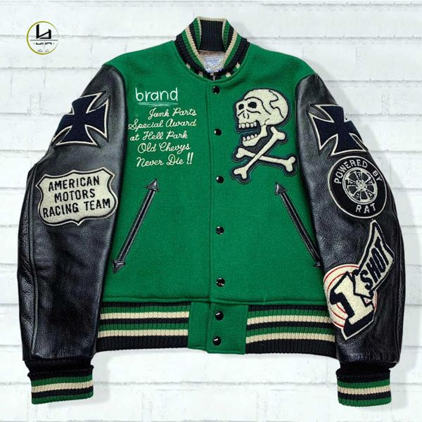 hl factory manufacture college letterman baseball custom embroidery mens varsity jacket with leather sleeves, Black;brown
hl factory manufacture college letterman baseball custom embroidery mens varsity jacket with leather sleeves, Black;brown