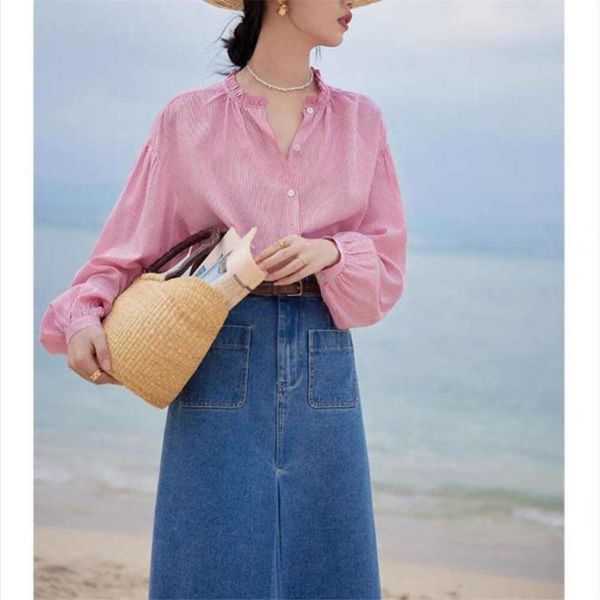 french design loose long sleeved striped shirt for women early spring style sweet niche unique top, White
french design loose long sleeved striped shirt for women early spring style sweet niche unique top, White