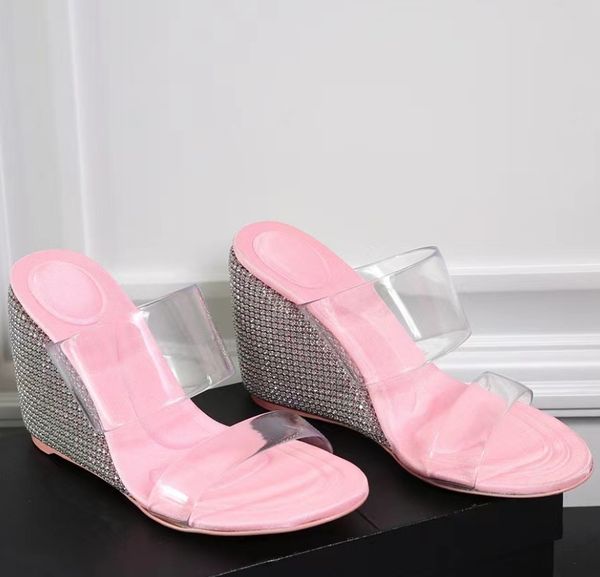 luxury slope heel rhinestone slippers women's high heels transparent film open toe sandals size 35-40, Black
luxury slope heel rhinestone slippers women's high heels transparent film open toe sandals size 35-40, Black