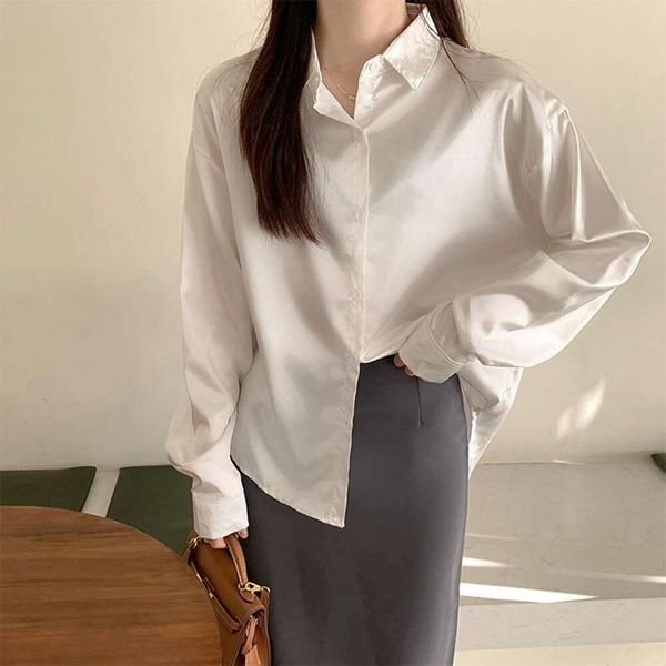 womens loose long sleeved satin shirt niche versatile retro hong kong style design draping for women, White
womens loose long sleeved satin shirt niche versatile retro hong kong style design draping for women, White