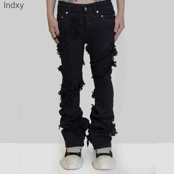 men's men hip hop jeans fashion flared men's ripped distressed streetwear black denim pants long ribbons trend man, Blue
men's men hip hop jeans fashion flared men's ripped distressed streetwear black denim pants long ribbons trend man, Blue