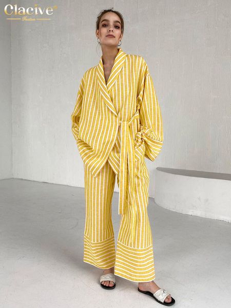 women's two piece pants clacive casual yellow stripe home suits elegant high waist wide pants set fashion long sleeve shirts two piece, White
women's two piece pants clacive casual yellow stripe home suits elegant high waist wide pants set fashion long sleeve shirts two piece, White