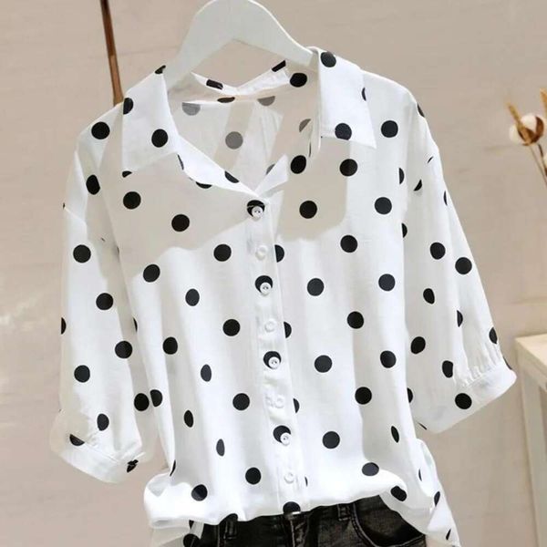 large sized polka dot mid shirts sleeved blouse for women summer style korean loose slim looking all matching thin, White
large sized polka dot mid shirts sleeved blouse for women summer style korean loose slim looking all matching thin, White