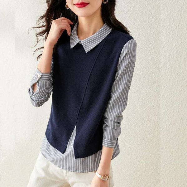trendy vertical striped shirt stitched split knitted fake two piece sweater for women spring and autumn collection, White
trendy vertical striped shirt stitched split knitted fake two piece sweater for women spring and autumn collection, White