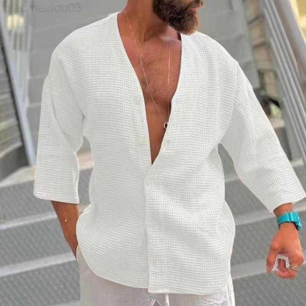 men's casual shirts retro men's shirt waffle solid v-neck 3/4 sleeve loose cardigan summer vintage style casual shirts clothing fo, White;black
men's casual shirts retro men's shirt waffle solid v-neck 3/4 sleeve loose cardigan summer vintage style casual shirts clothing fo, White;black