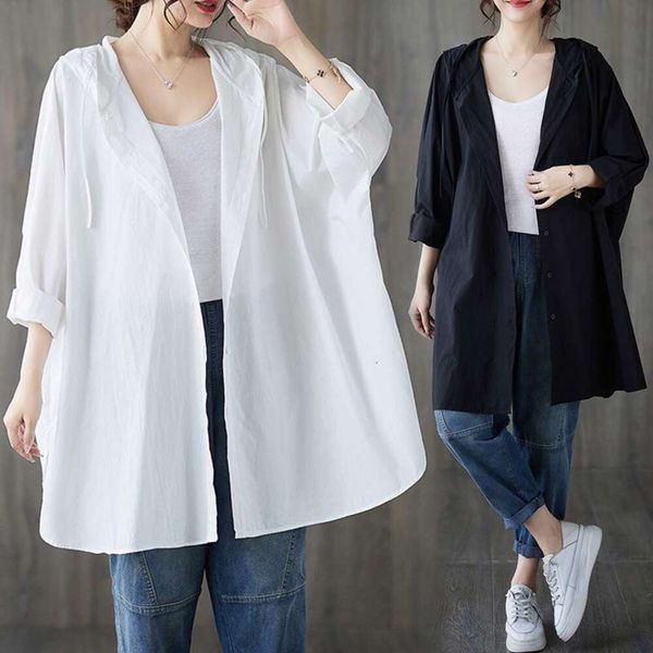summer artsy mid length hooded shirt for women air conditioning large size long sleeved, White
summer artsy mid length hooded shirt for women air conditioning large size long sleeved, White