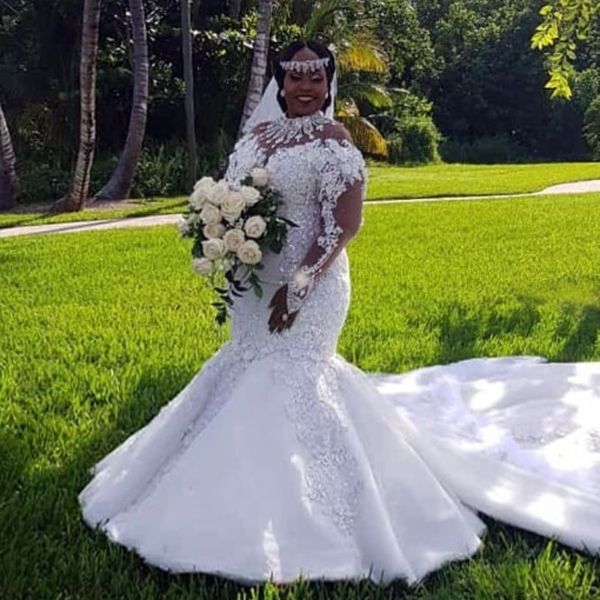 luxury high neck beads crystal mermaid wedding dresses bridal gowns lace appliqued long sleeved tull sweep train arabic, White
luxury high neck beads crystal mermaid wedding dresses bridal gowns lace appliqued long sleeved tull sweep train arabic, White