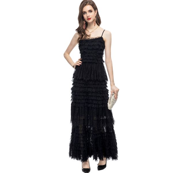 women's runway dresses spaghetti straps tiered ruffles embroidery lace fashion designer party prom gown, Black
women's runway dresses spaghetti straps tiered ruffles embroidery lace fashion designer party prom gown, Black