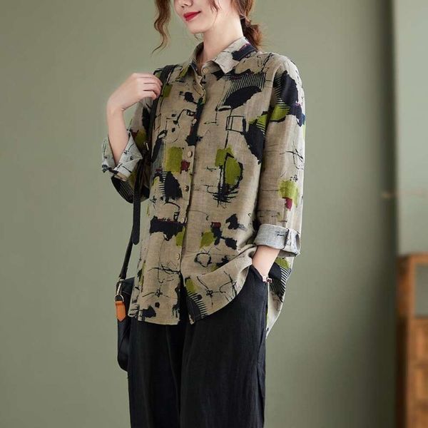 cotton linen printed shirt for women spring and autumn retro loose large long sleeved, White
cotton linen printed shirt for women spring and autumn retro loose large long sleeved, White