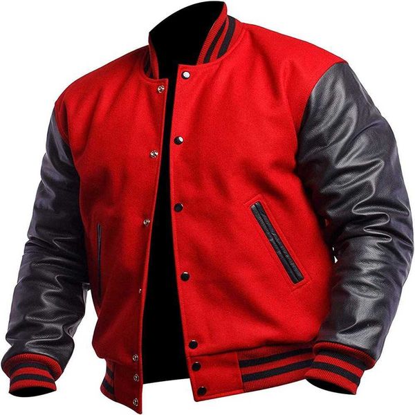 custom varrsity b leather sleeves chenille embroidery patch baseball black and white contrast bomber jacket, Black;brown
custom varrsity b leather sleeves chenille embroidery patch baseball black and white contrast bomber jacket, Black;brown