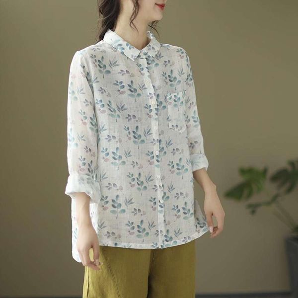 vintage printed shirt womens cotton and linen loose casual long sleeved spring summer collection, White
vintage printed shirt womens cotton and linen loose casual long sleeved spring summer collection, White