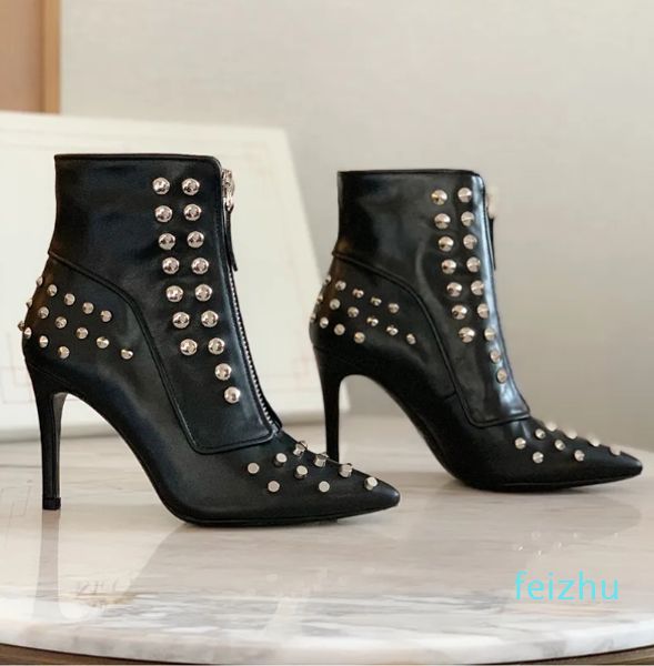 front zipper ankle boots pointed toes calfskin womens shoes fashion designer electroplate rivets decorate stiletto heel martin boots 9cm hig, Black
front zipper ankle boots pointed toes calfskin womens shoes fashion designer electroplate rivets decorate stiletto heel martin boots 9cm hig, Black