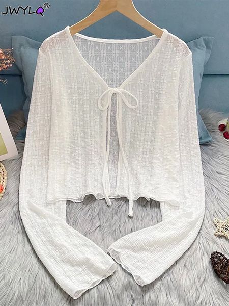 women's sweaters woman tshirt summer thin bow solid color short womens cardigan korean fashion casual sun protection 2023 women clothin, White;black
women's sweaters woman tshirt summer thin bow solid color short womens cardigan korean fashion casual sun protection 2023 women clothin, White;black