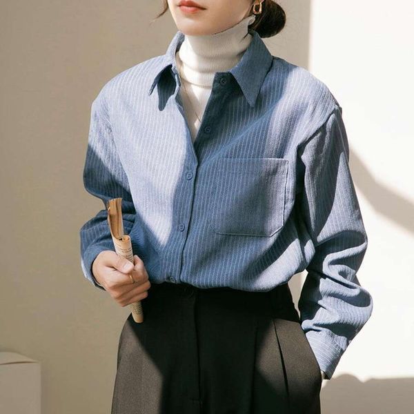 blue corduroy shirt for women in autumn and winter striped design niche french base top, White
blue corduroy shirt for women in autumn and winter striped design niche french base top, White