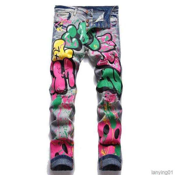 men's jeans men colored doodle painted denim streetwear punk stretch print pants buttons holes ripped slim pencil trousers, Blue
men's jeans men colored doodle painted denim streetwear punk stretch print pants buttons holes ripped slim pencil trousers, Blue