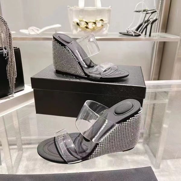 new style slope heel rhinestone slippers women's high heels transparent film open toe sandals, Black
new style slope heel rhinestone slippers women's high heels transparent film open toe sandals, Black