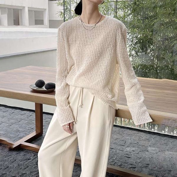 early autumn womens blouses see through simple feather yarn long sleeved shirt for women, White
early autumn womens blouses see through simple feather yarn long sleeved shirt for women, White