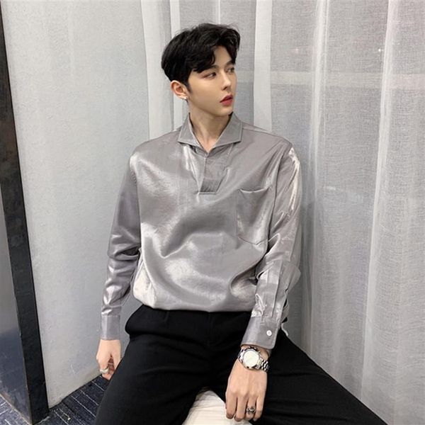 spring men's long sleeve pullover shirt black gray thin loose shirts bright silk satin pullover shirt tide male fashion 12169, White;black
spring men's long sleeve pullover shirt black gray thin loose shirts bright silk satin pullover shirt tide male fashion 12169, White;black