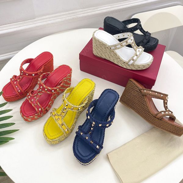 new summer rivet platform slipper straw woven open toes slip-on wedge high heel slide luxury designers sandal for women 9cm, Black
new summer rivet platform slipper straw woven open toes slip-on wedge high heel slide luxury designers sandal for women 9cm, Black