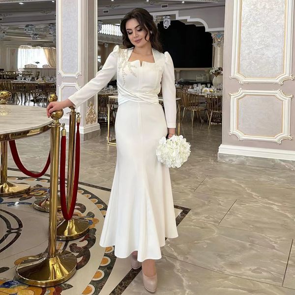 white satin evening dresses beads mermaid prom dress with long sleeve ruched ankle length cocktail party gown, Black;red
white satin evening dresses beads mermaid prom dress with long sleeve ruched ankle length cocktail party gown, Black;red