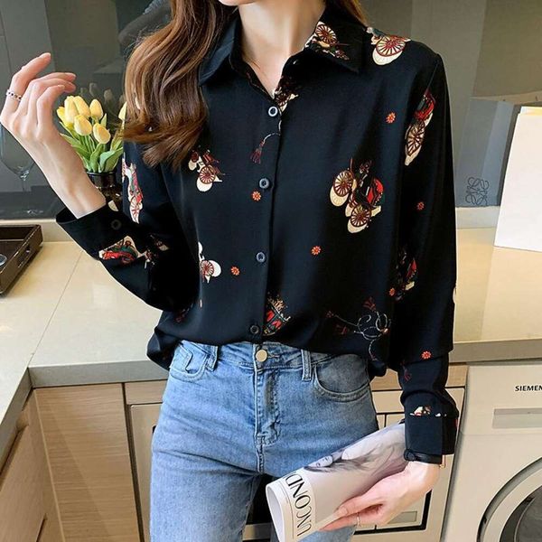black floral shirt for women spring and autumn style loose slimming long sleeved belly covering top, White
black floral shirt for women spring and autumn style loose slimming long sleeved belly covering top, White