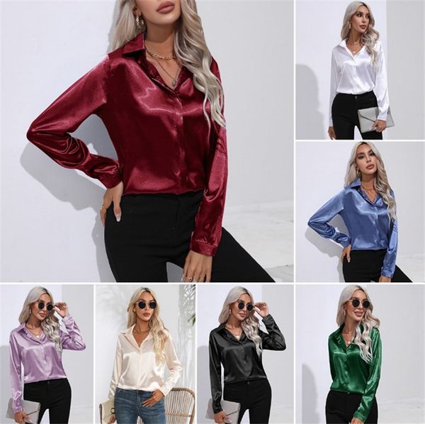women's satin silk blouse lapel v neck long sleeve casual work blouse shirts pullover, White
women's satin silk blouse lapel v neck long sleeve casual work blouse shirts pullover, White