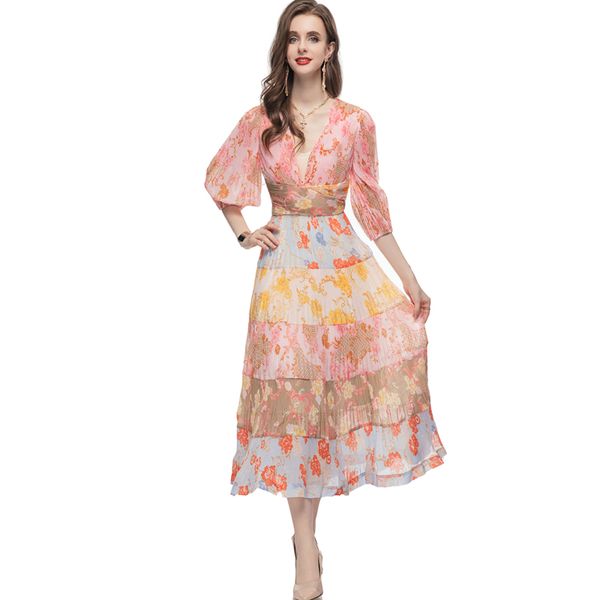 women's runway dresses low v neck half sleeves printed floral fashion high street vestidos, Black
women's runway dresses low v neck half sleeves printed floral fashion high street vestidos, Black