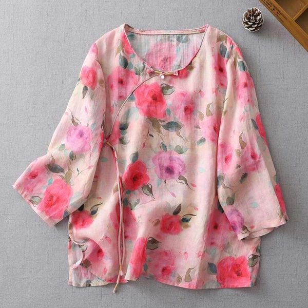womens summer printed shirt chinese style retro five point sleeve artistic loose slanted collar top, White
womens summer printed shirt chinese style retro five point sleeve artistic loose slanted collar top, White