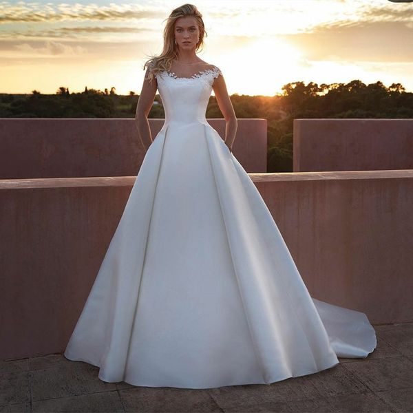 classy long jewel neck satin wedding dresses with pockets a-line ivory lace cap sleeve pleats sweep train bridal gown with beads vestido de, White
classy long jewel neck satin wedding dresses with pockets a-line ivory lace cap sleeve pleats sweep train bridal gown with beads vestido de, White