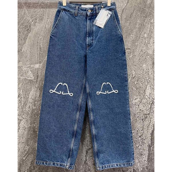 8.14 fashion street letter decoration casual 100% cotton straight jeans women, Blue