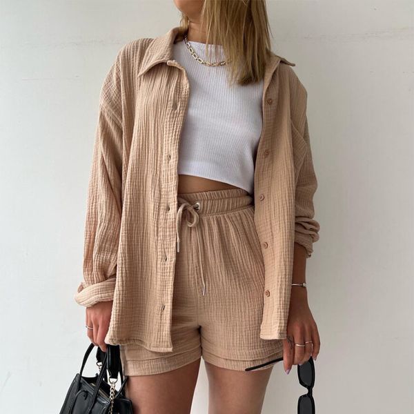 2023 europe and america women's two piece pants wrinkle collar long sleeve shirt high waist drawstring shorts fashion casual two piece, White
2023 europe and america women's two piece pants wrinkle collar long sleeve shirt high waist drawstring shorts fashion casual two piece, White