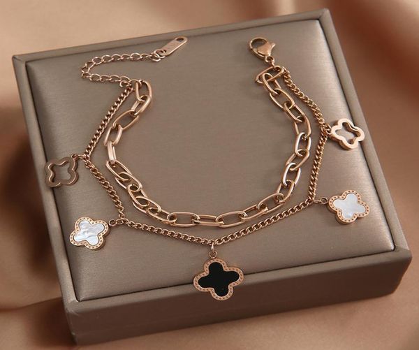 hip hop wind bracelet female clover double chain titanium steel bracelet 18k rose gold trendy5870625, Black
hip hop wind bracelet female clover double chain titanium steel bracelet 18k rose gold trendy5870625, Black