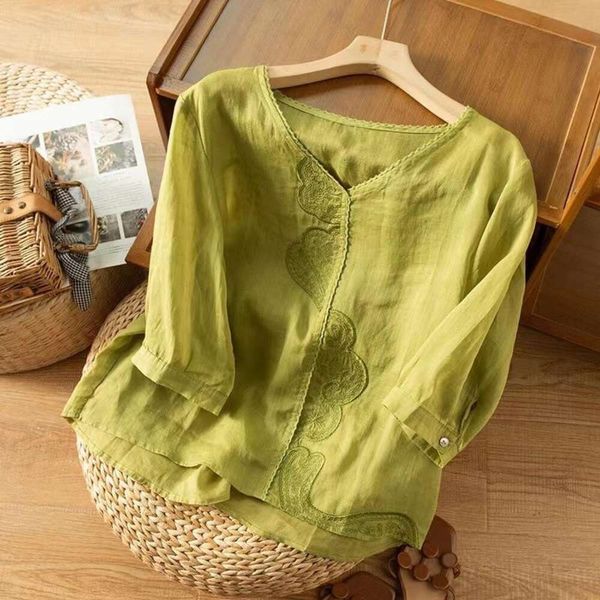 three quarter sleeves embroidered hemp shirt artistic retro loose japanese cotton and linen womens spring, White
three quarter sleeves embroidered hemp shirt artistic retro loose japanese cotton and linen womens spring, White