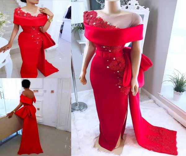 sheer neck saudi arabic red satin evening dresses with bow sash beaded pearls dubai african formal party gowns side split prom dre7490064, Black;red
sheer neck saudi arabic red satin evening dresses with bow sash beaded pearls dubai african formal party gowns side split prom dre7490064, Black;red