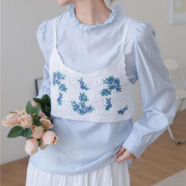spring korean version of super fairy shirt design french hook flower halter vest for women, White
spring korean version of super fairy shirt design french hook flower halter vest for women, White