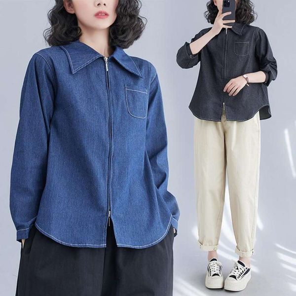 spring and womens blouses summer large size clothing retro double headed zipper denim shirt loose long sleeved, White
spring and womens blouses summer large size clothing retro double headed zipper denim shirt loose long sleeved, White