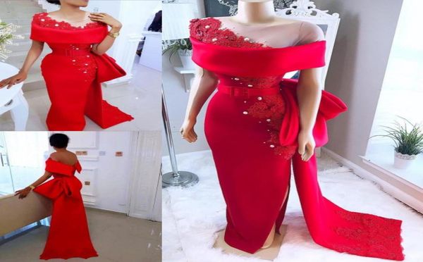 sheer neck saudi arabic red satin evening dresses with bow sash beaded pearls dubai african formal party gowns side split prom dre1149415, Black;red
sheer neck saudi arabic red satin evening dresses with bow sash beaded pearls dubai african formal party gowns side split prom dre1149415, Black;red