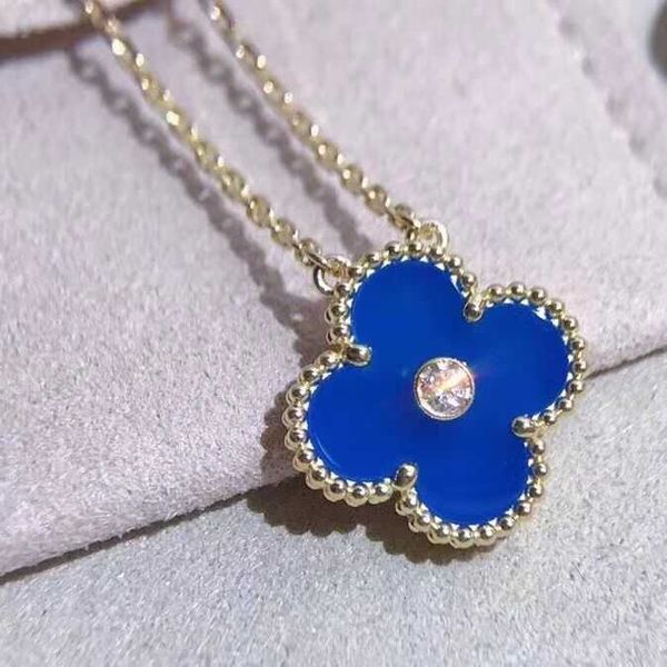 

Designer Four-leaf clover luxury top jewelry accessories for women Cleef High version V gold necklace thick plating 18K rose gold blue agate lucky grass pendant