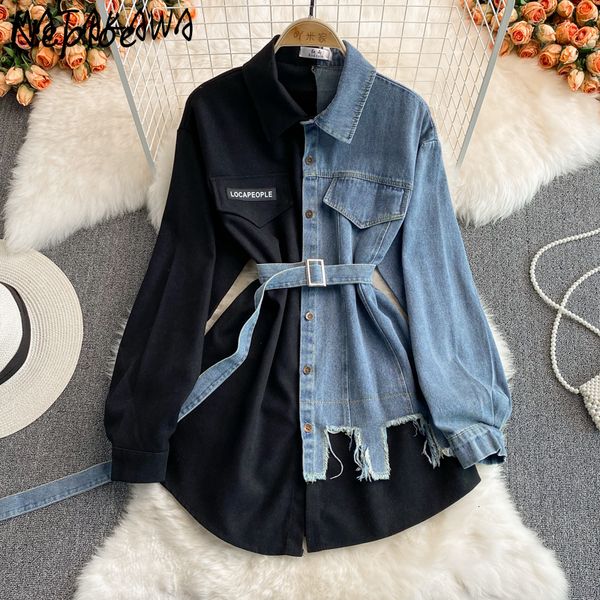 women's blouses shirts neploe unique denim patchwork shirt turn-down collar chic mujer blusas long sleeve female irregular women blous, White
women's blouses shirts neploe unique denim patchwork shirt turn-down collar chic mujer blusas long sleeve female irregular women blous, White