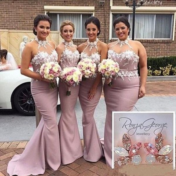 new pink mermaid bridesmaid dress long formal sheer halter neck 3d floral appliques sleeveless maid of honor gowns for wedding party, White;pink
new pink mermaid bridesmaid dress long formal sheer halter neck 3d floral appliques sleeveless maid of honor gowns for wedding party, White;pink